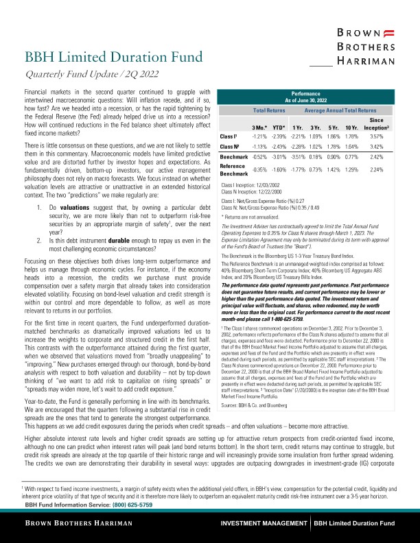 BBH Limited Duration Fund Quarterly Update - Q2 2022