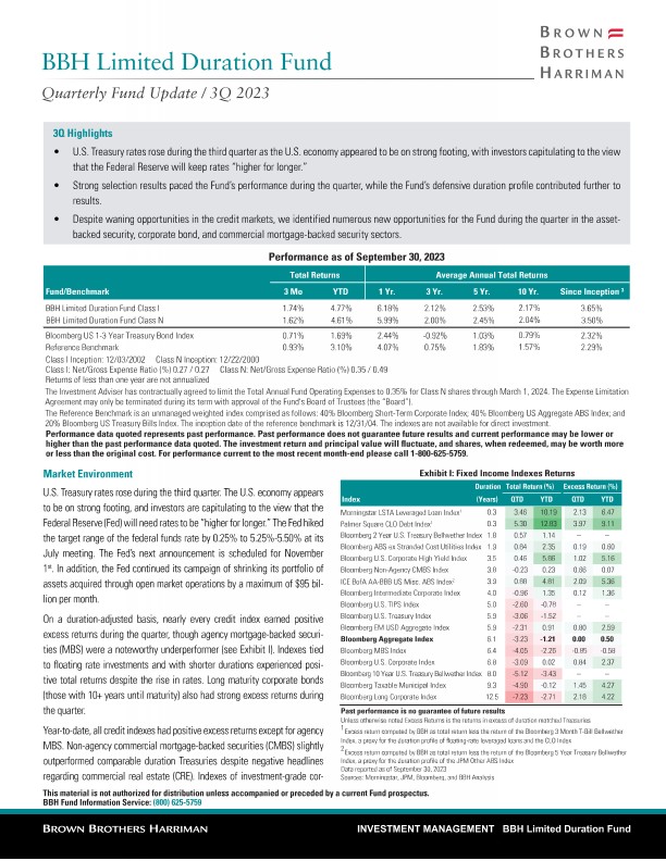 BBH Limited Duration Fund Quarterly Update - Q3 2023