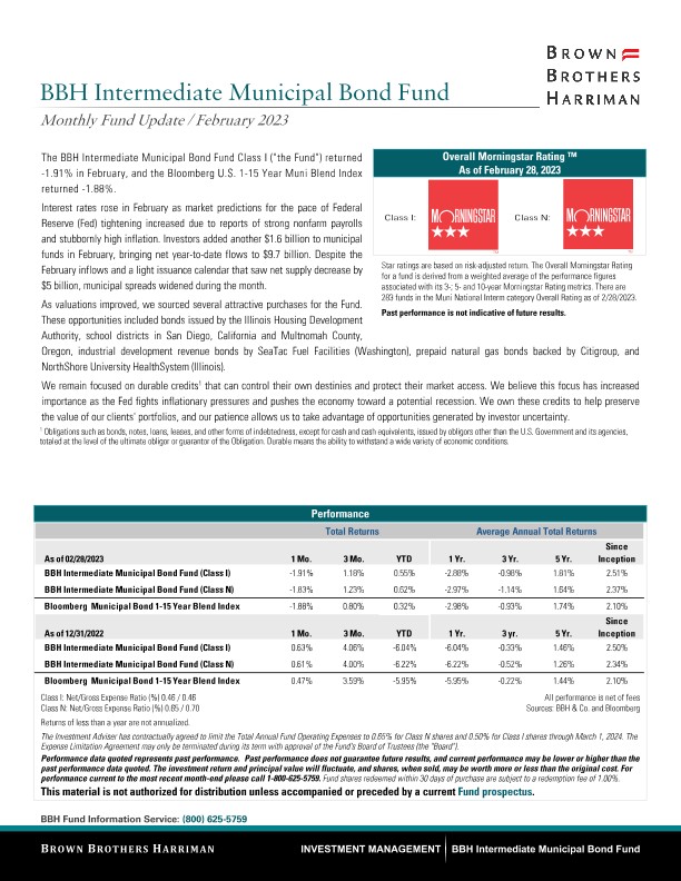 BBH Intermediate Municipal Bond Fund Monthly Update - February 2023