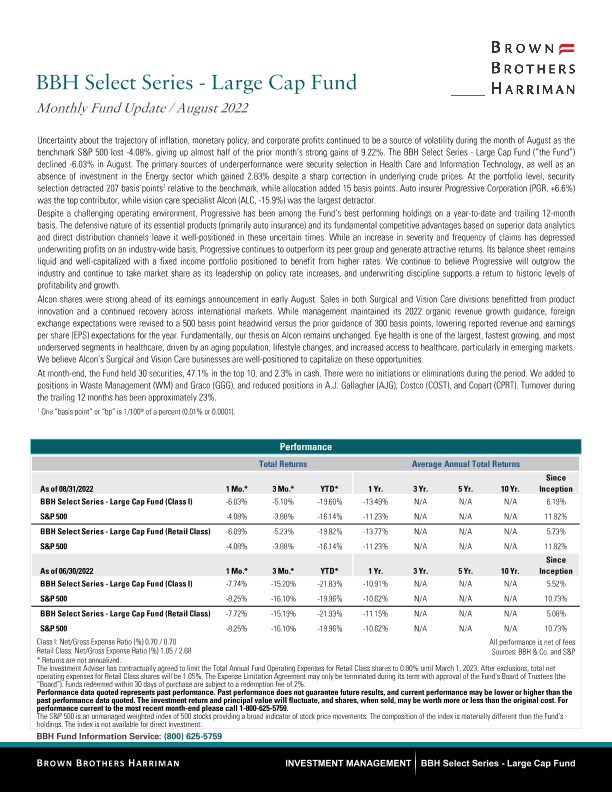 BBH Select Series - Large Cap Fund Monthly Update - August 2022