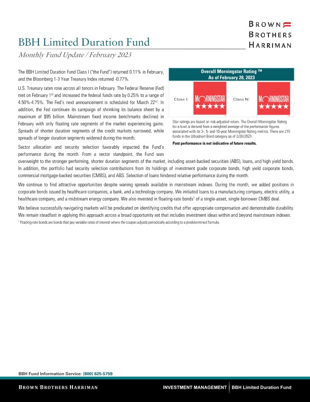 BBH Limited Duration Fund Monthly Update - February 2023