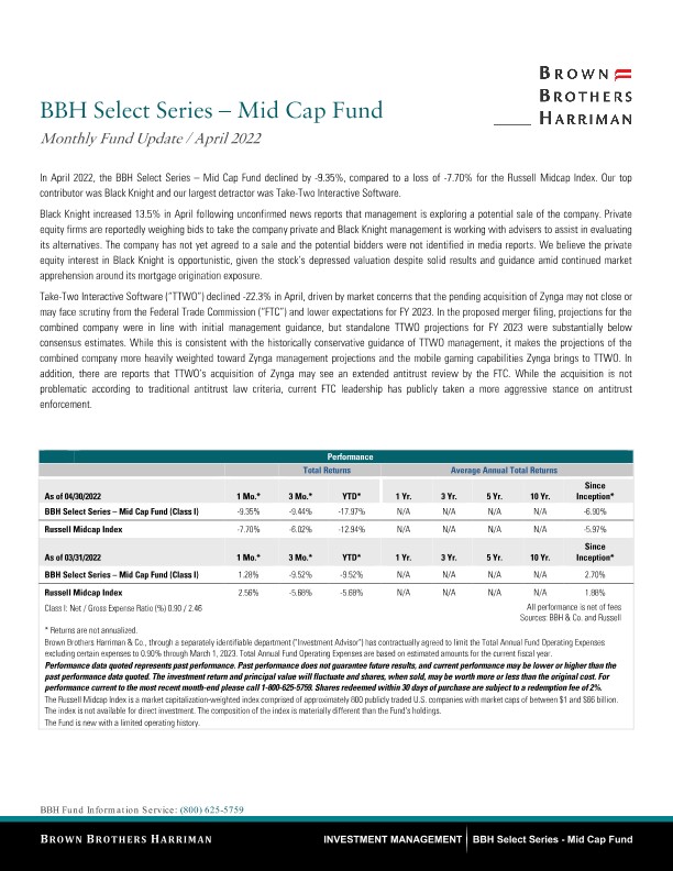 BBH Select Series - Mid Cap Fund Monthy Update - April 2022