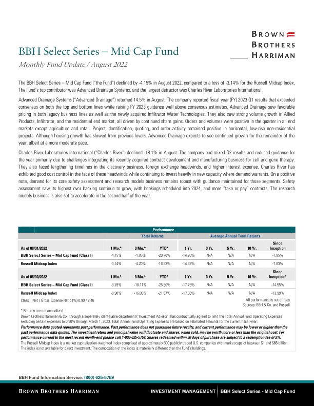 BBH Select Series - Mid Cap Fund Monthy Update - August 2022