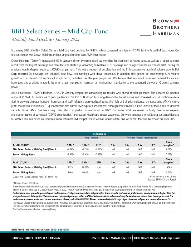 BBH Select Series - Mid Cap Fund Monthy Update - January 2022