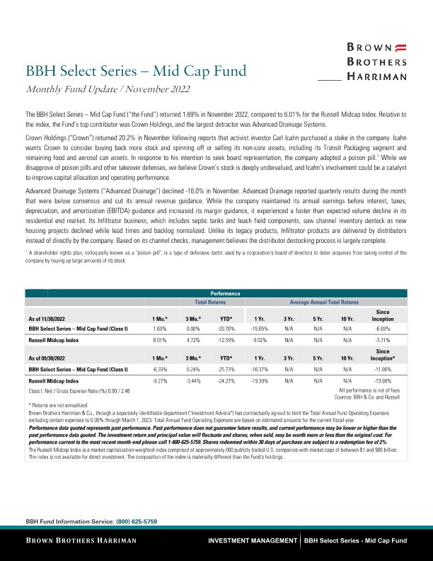 BBH Select Series - Mid Cap Fund Monthy Update - November 2022