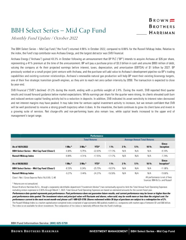 BBH Select Series - Mid Cap Fund Monthy Update - October 2022