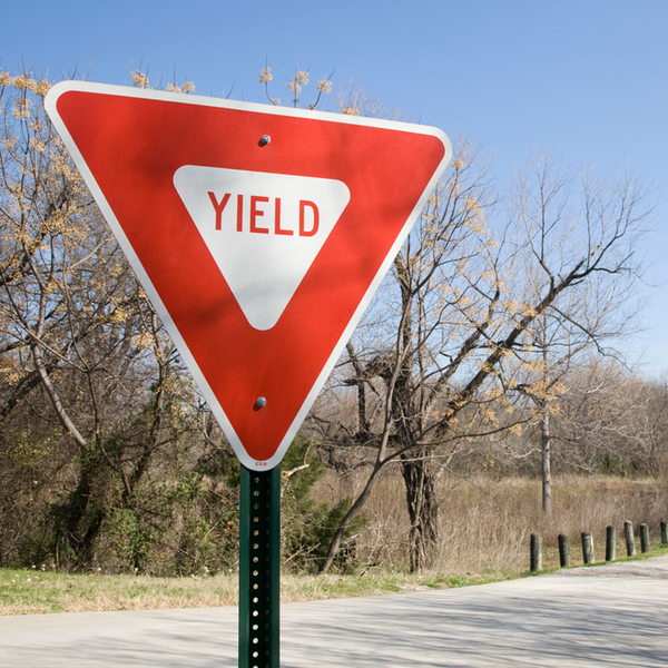 A yield sign in dappled sunlight and set in a park during winter.  Bare trees and clear blue sky.